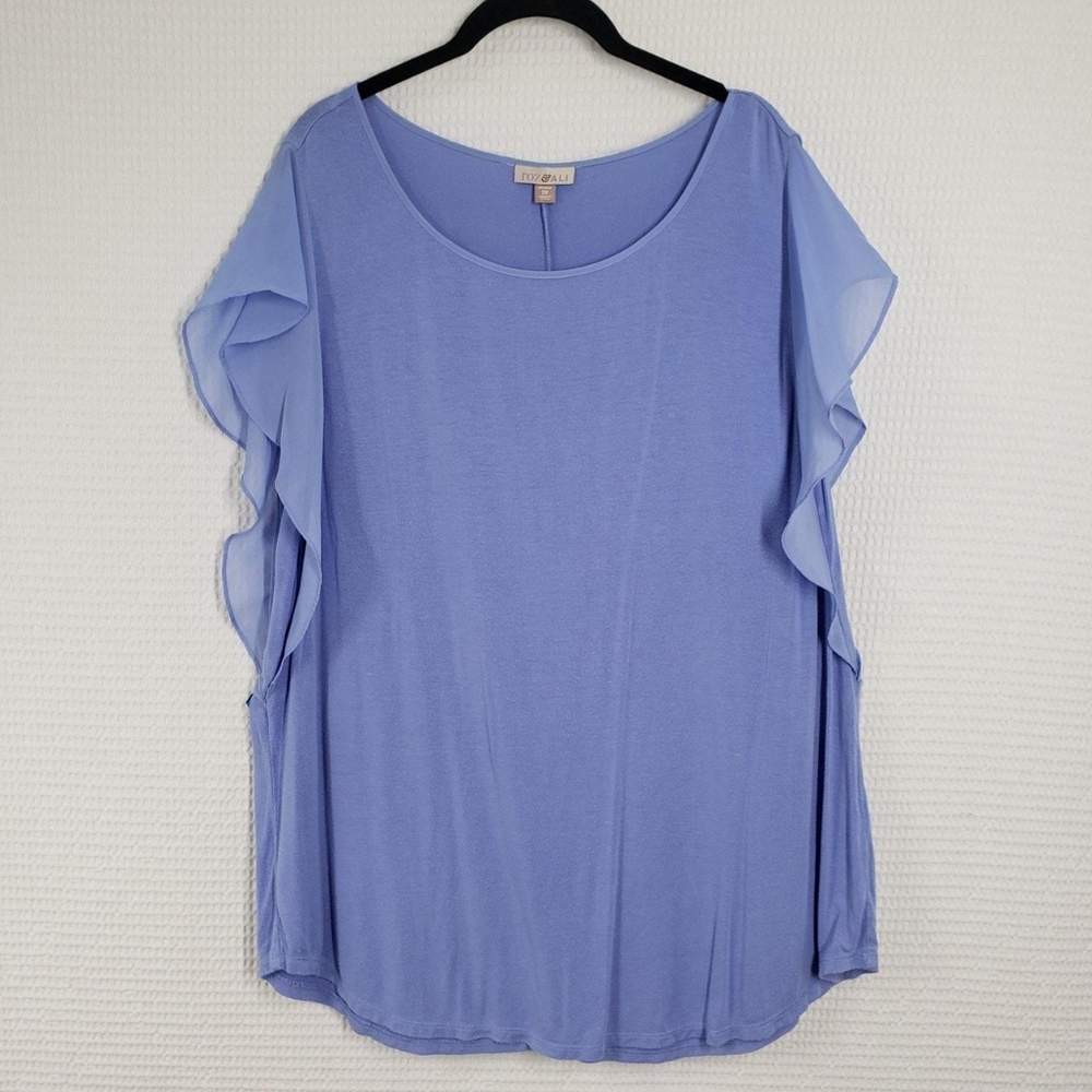 Roz & Ali Women's Blue Periwinkle Ruffled Sleeve Round Neck Slinky Tunic Blouse